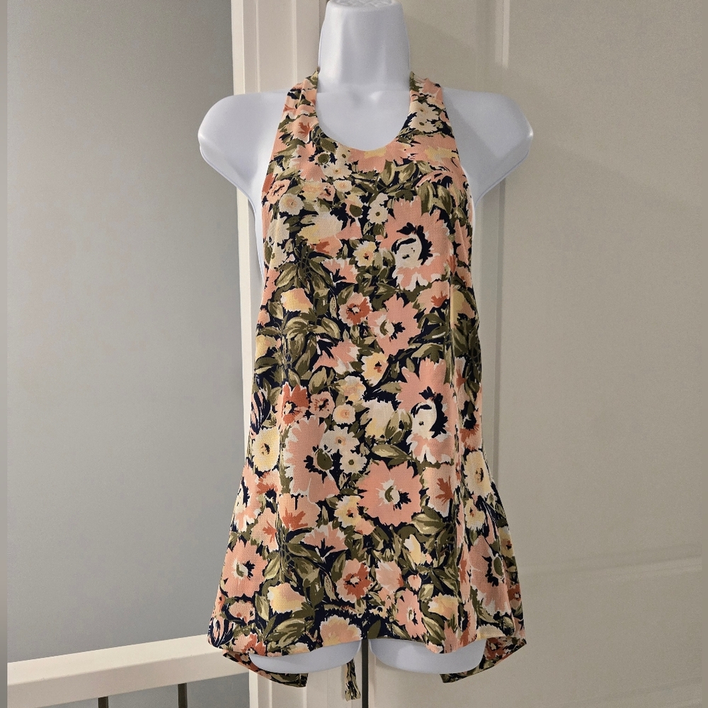 AKIRA CHICAGO BLACK LABEL Boho Floral Print Halter Top With Tie Back. Size S.